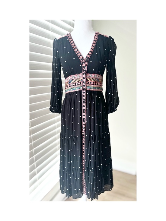 Anthropologie Dresses & Skirts - Anthropologie Black Polka Dot Midi Dress with Pink Embroidered Waist